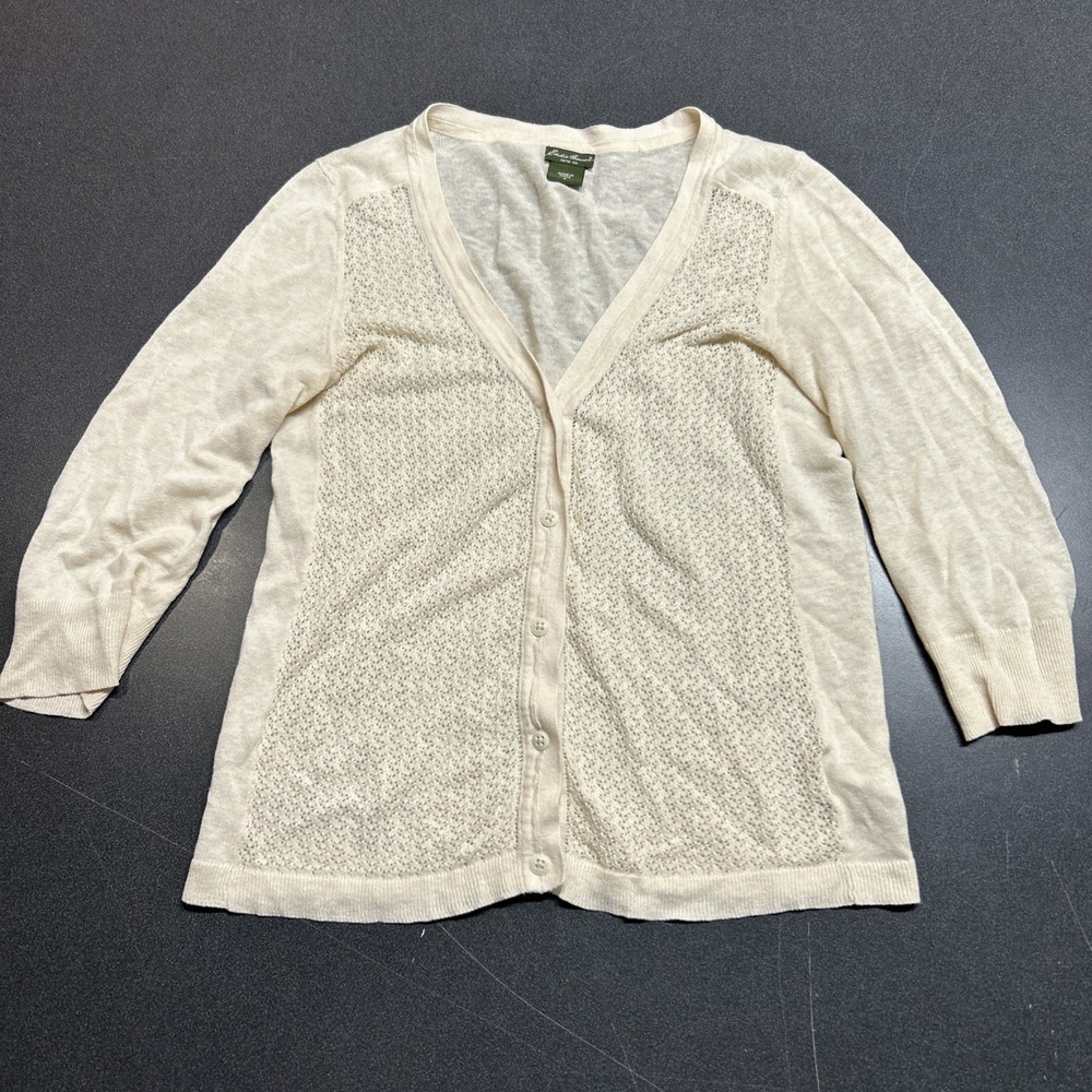 Cream Open Knit Cardigan Cotton Crochet Coastal Cottagecore Neutral Sweater S